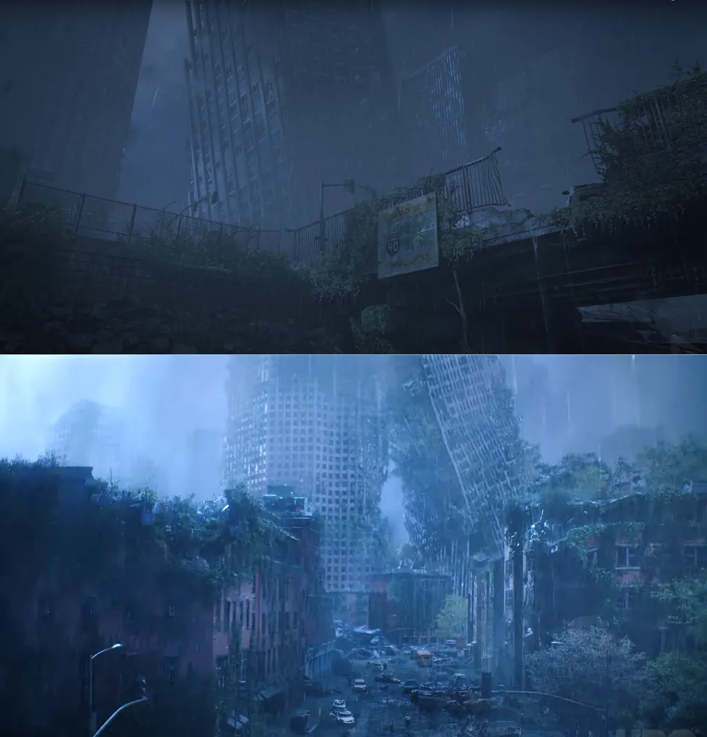 A construção do mundo devastado está idêntica aos jogos (Imagem: Reprodução/Naughty Dog, HBO)