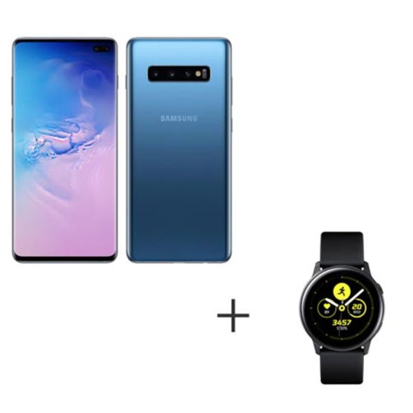 Samsung Galaxy S10+ Azul, Tela de 6,4", 4G, 128GB e Camera Tripla + Galaxy Watch Active Preto, 28 mm, NFC e 4GB