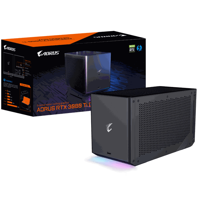 A nova variante da AORUS Gaming Box é equipada com uma RTX 3080 Ti Waterforce de 12 GB de VRAM (Imagem: Divulgação/Gigabyte)
