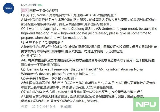 Na rede social Weibo, Nokia respondeu a várias perguntas dos usuários e praticamente confirmou que um smartphone com Snapdragon 835 está a caminho