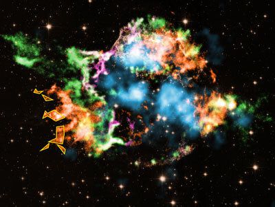 Os elementos de alta entropia encontrados no remanescente de supernova Cassiopeia A estão marcados com um contorno amarelo (Imagem: Reprodução/NASA/CXC/RIKEN/T. Sato/NuSTAR)