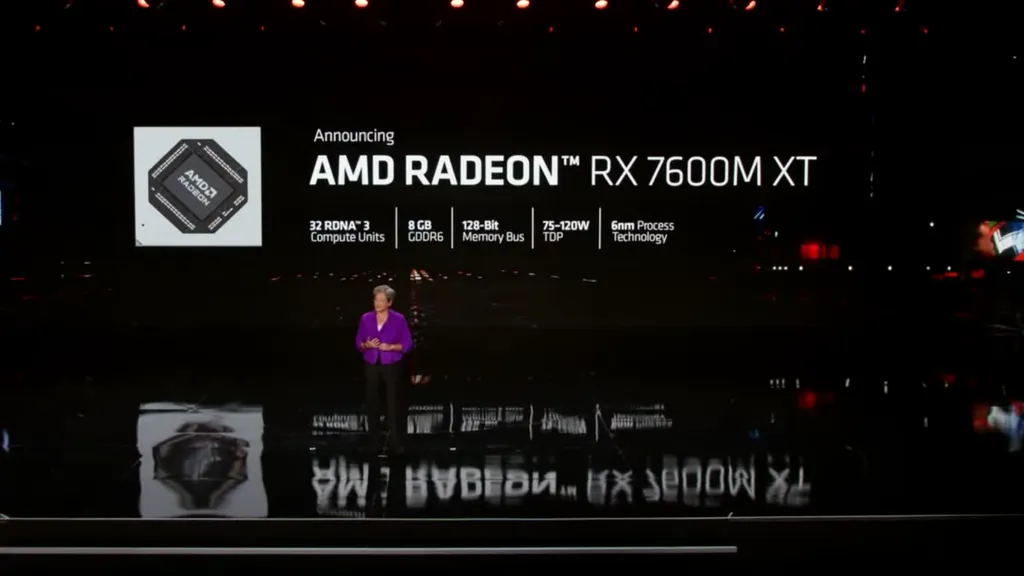 A arquitetura RDNA 3 chega ao notebooks tendo a Radeon RX 7600M XT como solução mais poderosa no lançamento (Imagem: AMD/YouTube)