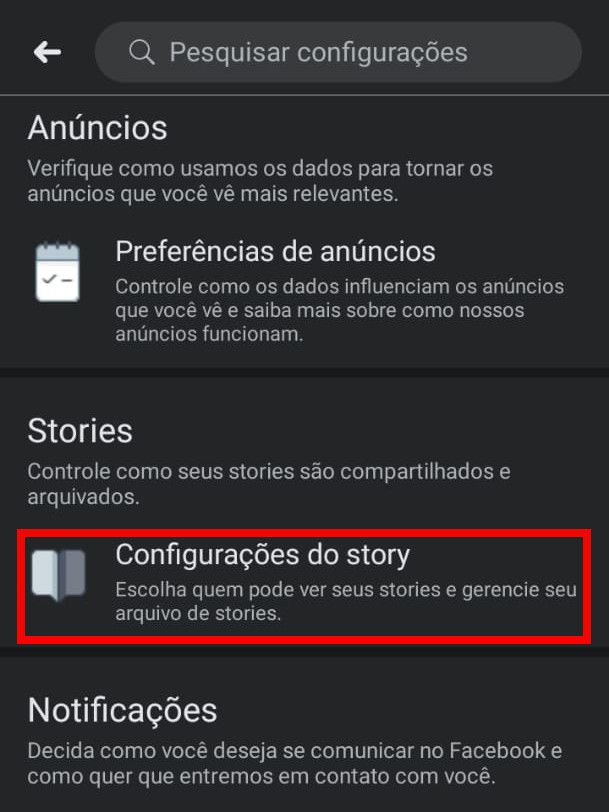Localize a opção "Configurações do story" e clique nela (Captura de tela: Matheus Bigogno)