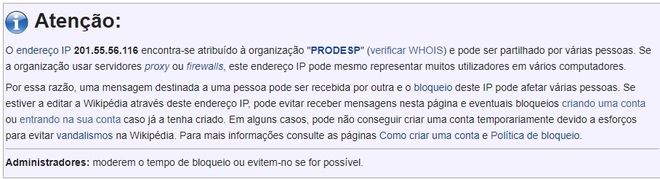 Wikipedia identificou o IP de onde partiram as edições como pertencente a um computador ligado à PRODESP (Imagem: Reprodução/R7)