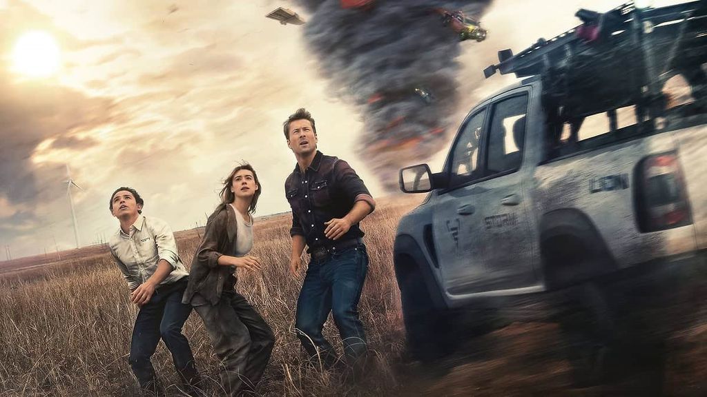 Arte promocional do filme Twisters mostra elenco e tornados