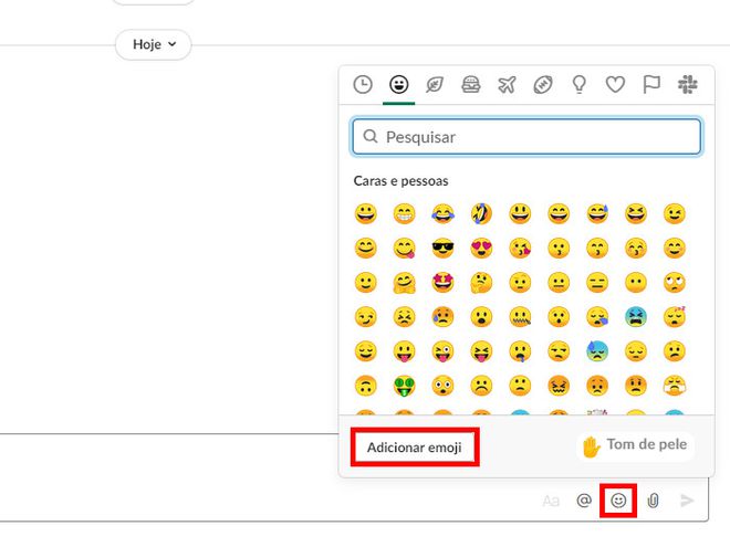 Abra o workspace do Slack, clique no ícone de "Carinha sorridente" e clique em "Adicionar emoji" (Captura de tela: Matheus Bigogno)