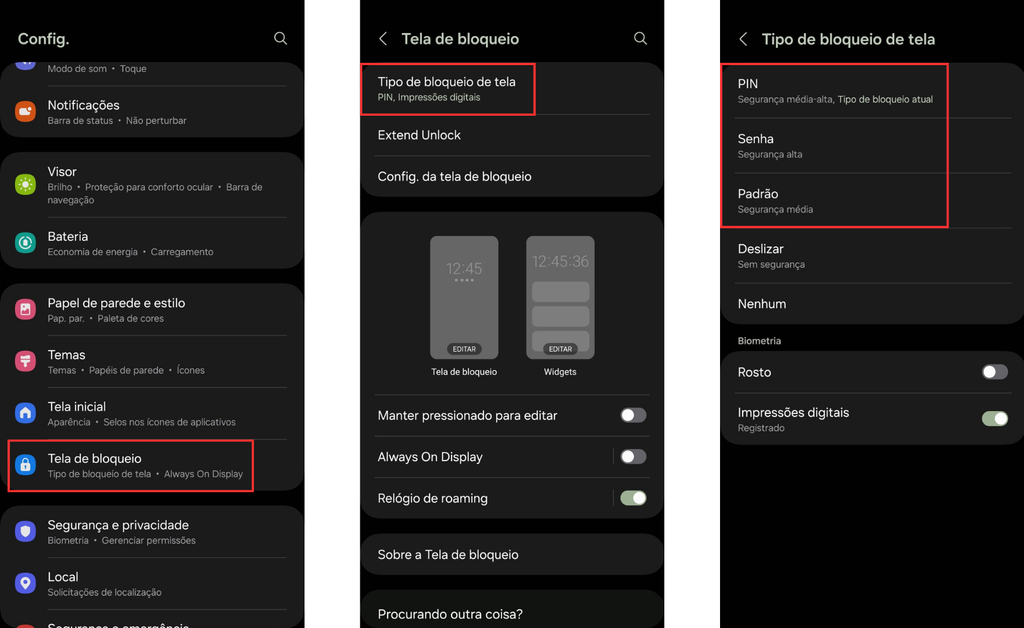 Como colocar ou mudar a senha do celular no Android (Imagem: Captura de tela/Bruno De Blasi/Canaltech)