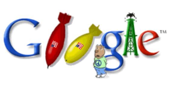 Doodle não oficial em protesto à Guerra no Iraque teria sido publicado por hackers em março de 2003, permanecendo por apenas dois minutos no ar (Imagem: Reprodução/Google Doodles Wikia)