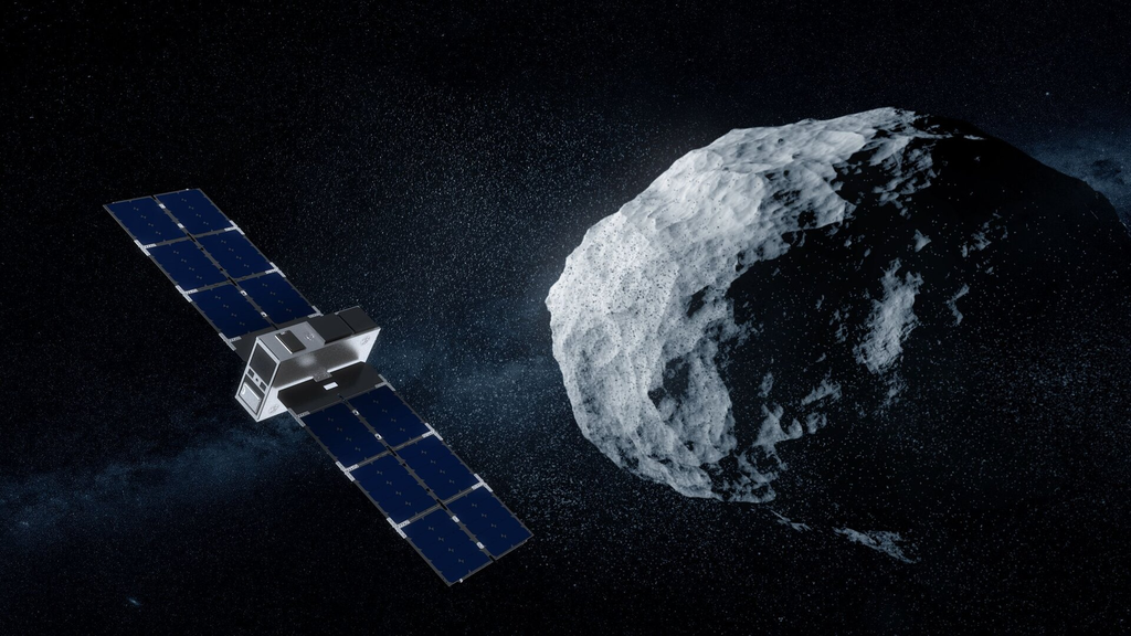 CubeSat Milani estudando a poeira do asteroide (Imagem: Reprodução/ESA/Science Office)