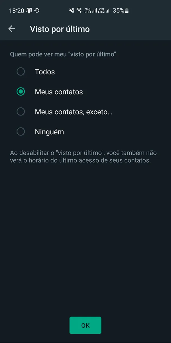 O WhatsApp vai permitir esconder a última vez online de apenas alguns contatos (Imagem: Captura de tela/Alveni Lisboa/Canaltech)