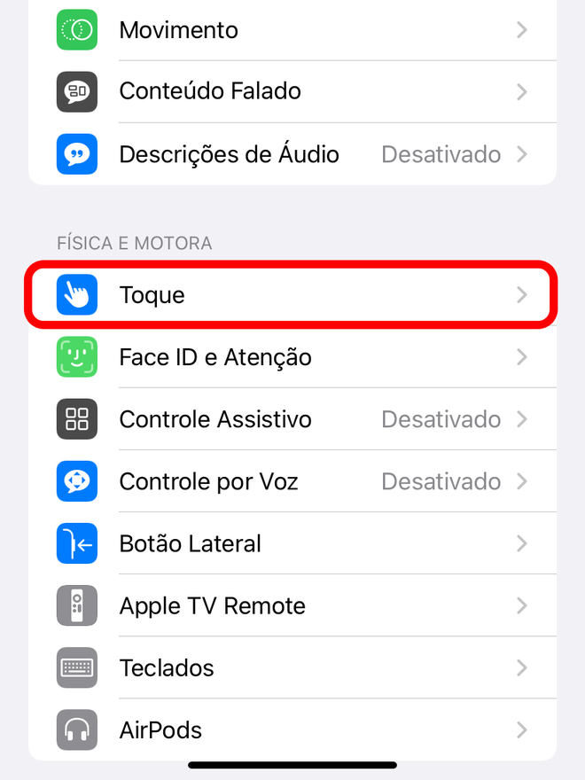 Entre na seção "Toque" do iPhone - Captura de tela: Thiago Furquim (Canaltech)