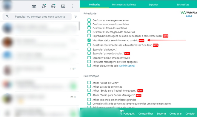 O WA Web Plus conta com uma função dedicada à visualização anônima de status no WhatsApp (Imagem: Captura de tela/Fabrício Calixto/Canaltech)