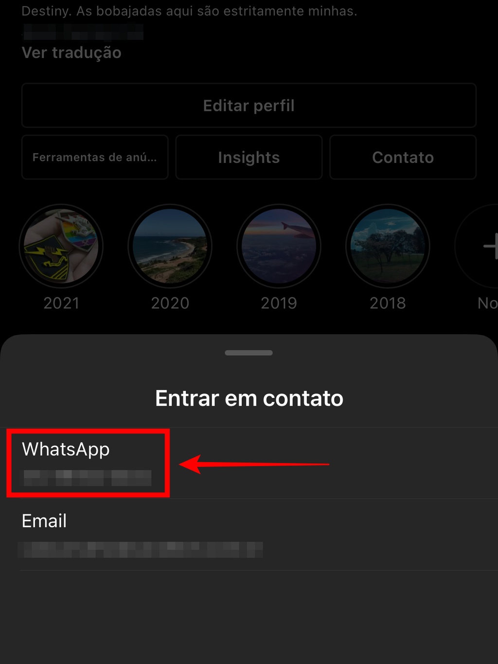 O número do WhatsApp Business ficará visível na seção de contatos, dentro do seu perfil no Instagram (Captura de tela: Caio Carvalho/Canaltech)