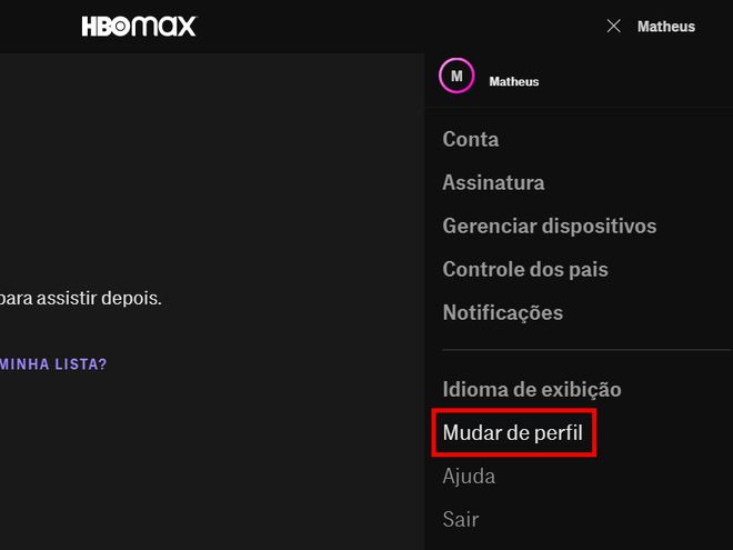 No menu aberto em seguida, selecione "Mudar de perfil" (Captura de tela: Matheus Bigogno)