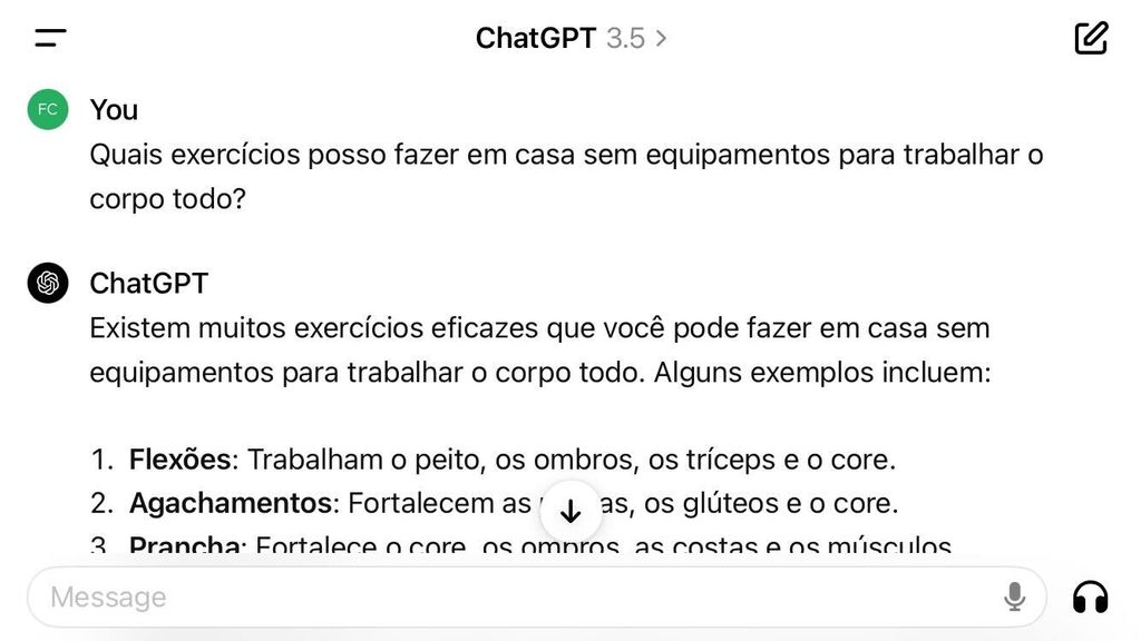 O ChatGPT pode ajudar você aprender a fazer exercícios físicos básicos (Imagem: Captura de tela/Fabrício Calixto/Canaltech)