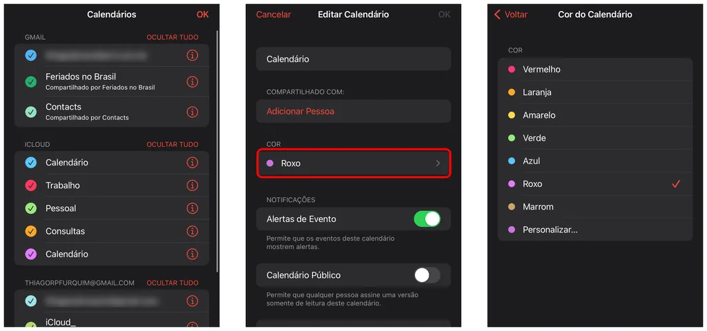 Atribua cores aos calendários do aplicativo no iPhone (Captura de tela: Thiago Furquim/Canaltech)