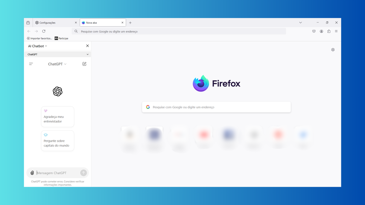 Firefox testa integração com ChatGPT e Gemini no painel lateral