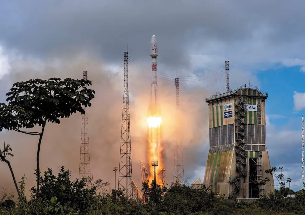 Um foguete Souyuz decolando da Guiana Francesa em dia 10 de fevereiro (Imagem: Reprodução/ESA/CNES/Arianespace)
