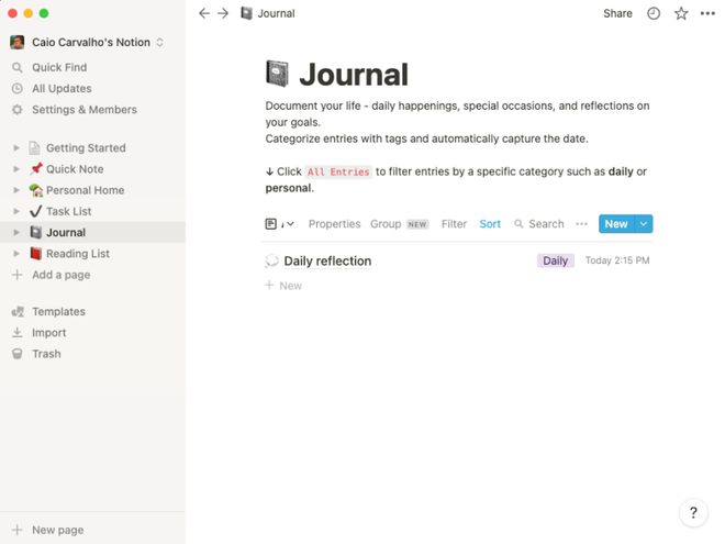 A função "Journal", de diário, pode ser adicionada mais de uma vez usando o recurso "Add a page" (Captura de tela: Caio Carvalho/Canaltech)