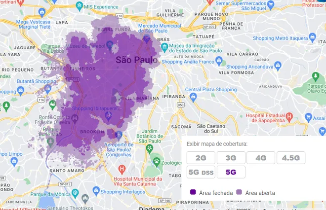 O mapa de cobertura da Vivo é semelhante ao das outras operadoras, mas separa o 5G NSA e SA do DSS (Imagem: Reprodução/Vivo)