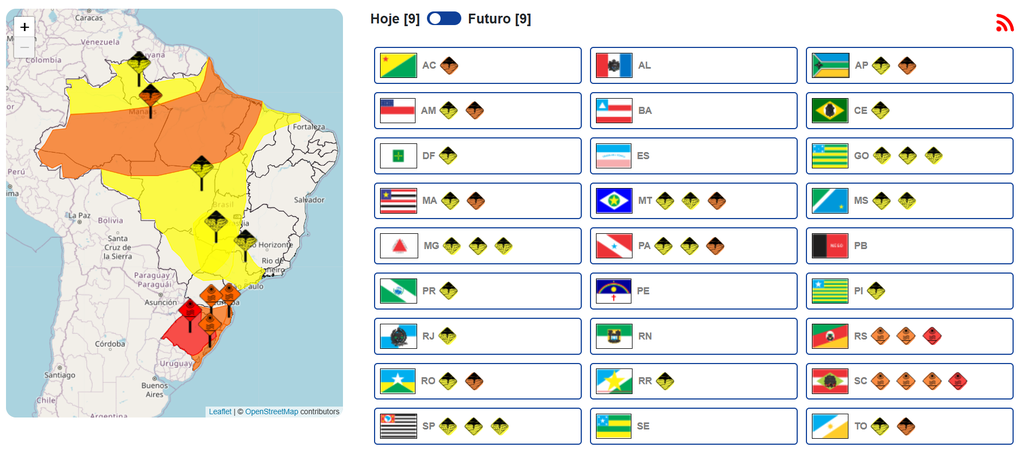 Mapa do previsão com as previsões de tempo, incluindo onda de calor