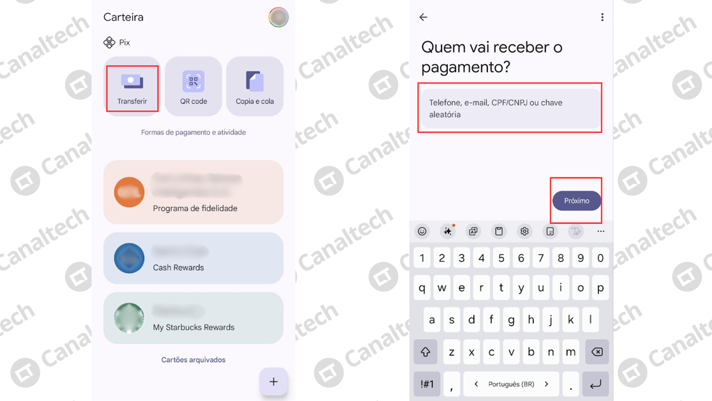 Passo a passo para transferir o Pix com chave na Carteira do Google (Imagem: Captura de tela/Bruno De Blasi/Canaltech)