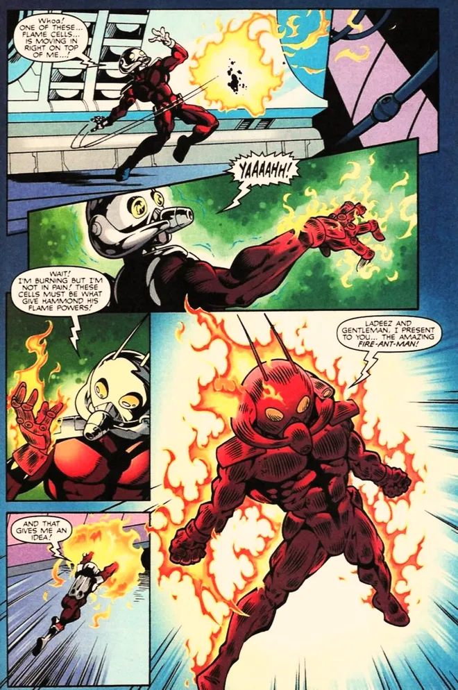 Momento em que o Homem-Formiga entra em combustão, mas surpreendentemente, fica vivo (Imagem: Reprodução/Marvel Comics)