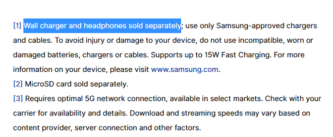 Nota destaca que "carregador e fones de ouvido são vendidos separadamente" (Imagem: Reprodução/Samsung)