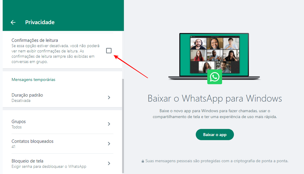 Ao desabilitar as confirmações de leitura do WhatsApp Web, você pode ver status sem medo de ser “dedurado” (Imagem: Captura de tela/Fabrício Calixto/Canaltech)
