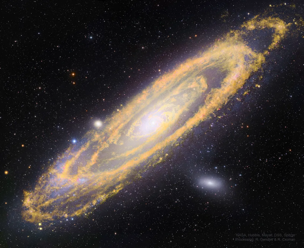 As futuras estrelas de Andrômeda aparecem em amarelo (Imagem: Reprodução/NASA, NSF, NOAJ, Hubble, Subaru, Mayall, DSS, Spitzer/Robert Gendler & Russell Croman)