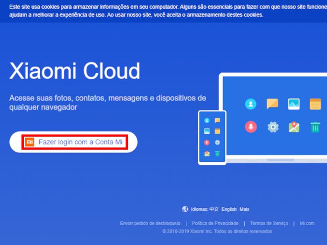 No computador ou em outro smartphone, acesse a Xiaomi Cloud (Captura de tela: Matheus Bigogno)