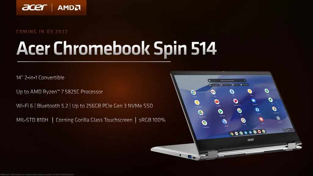 O Acer Chromebook Spin 514 traz Ryzen 7 5825C, certificação militar, formato 2 em 1 e tela com 100% de sRGB (Imagem: AMD)