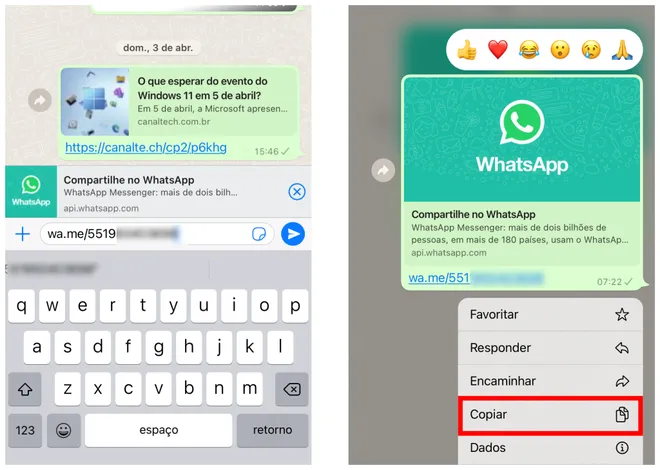 Envie seu contato do WhatsApp via link (Captura de tela: Canaltech/Felipe Freitas)