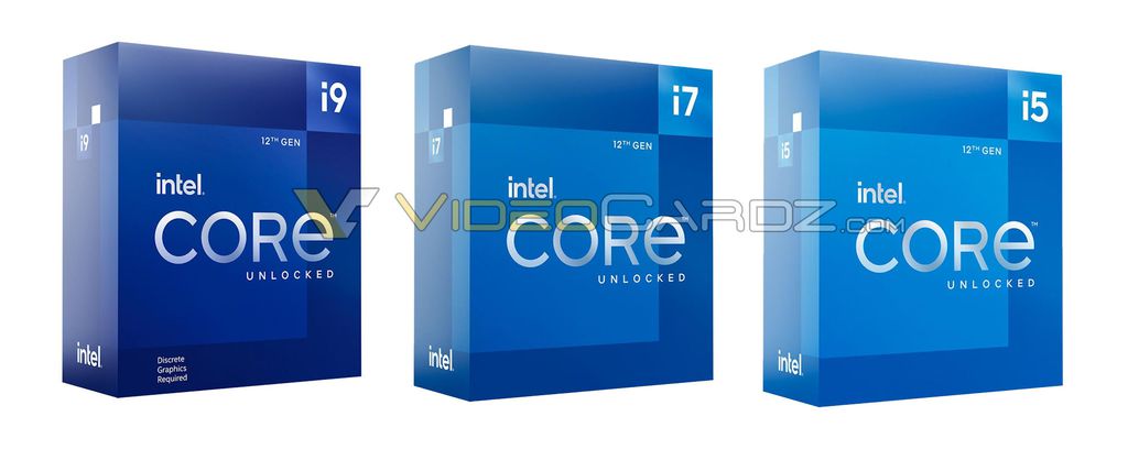 Embalagens do Core i9 12900KF, Core i7 12700K e Core i5 12600K/12400K (Imagem: Reprodução/VideoCardz)