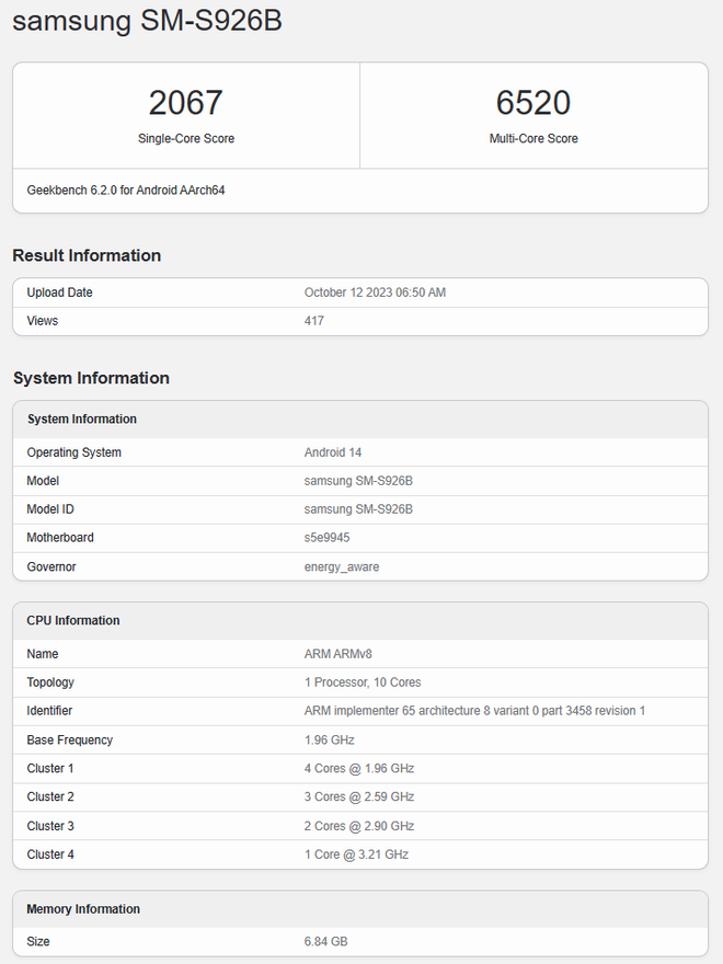 El Galaxy S24 deberá contar con Exynos 2400 en una de sus variantes, una plataforma de diez núcleos (Imagen: Geekbench)