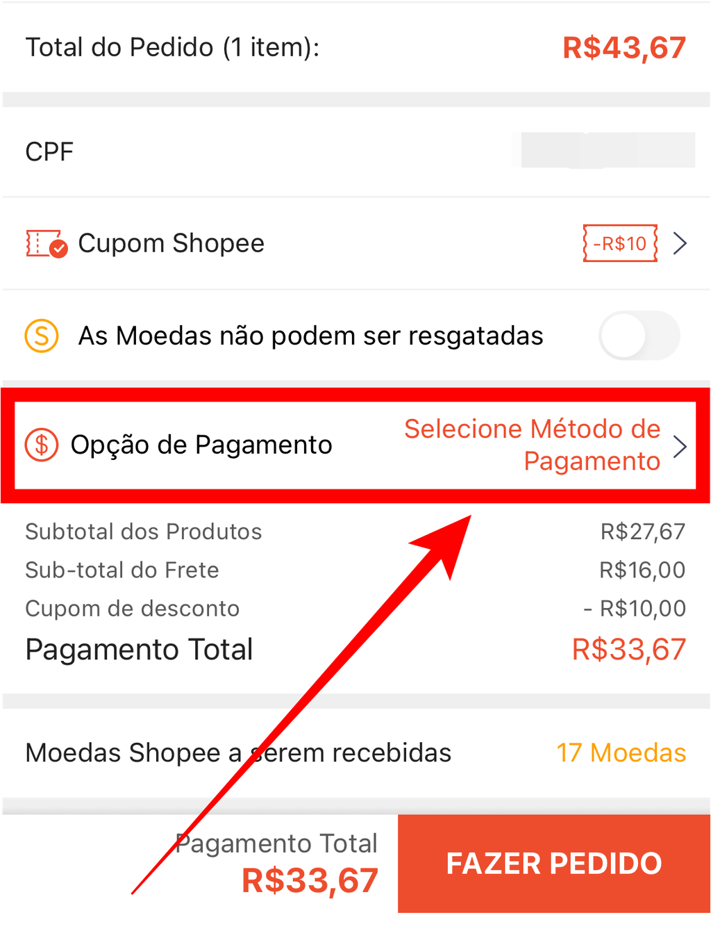 Toque nessa opção para definir o método de pagamento da sua compra na Shopee (Captura de tela: Caio Carvalho/Canaltech)