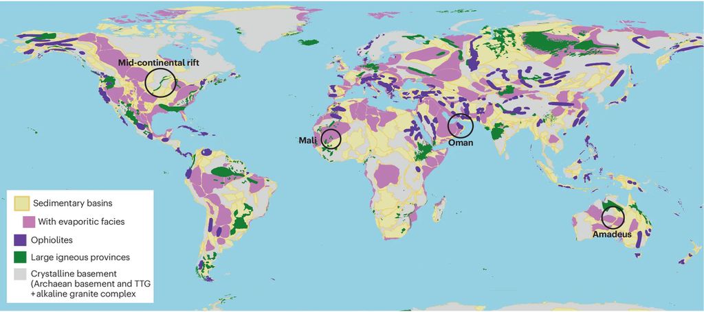 Localização dos reservatórios de hidrogênio em potencial — no Brasil, há locais indicados, em especial rochas ígneas, marcadas em verde (Imagem: Ballentine et al./Nature Reviews Earth & Environment)