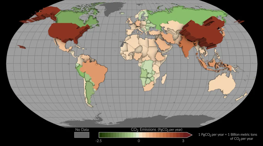 Resultado do balanço de emissões. Países que aumentaram as emissões no período de 2015 a 2020 aparecem em tons de laranja enquanto os que reduziram aparecem em verde (Imagem: NASA’s Scientific Visualization Studio)