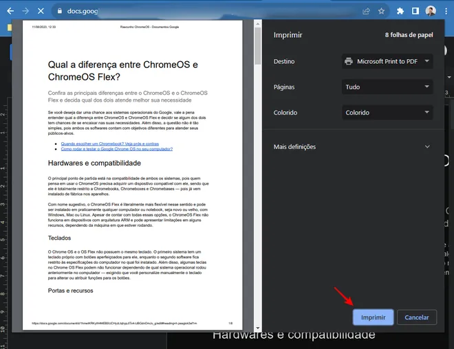 Se você quiser, dá para imprimir um documento diretamente do Chrome (Imagem: Captura de tela/Fabrício Calixto/Canaltech)