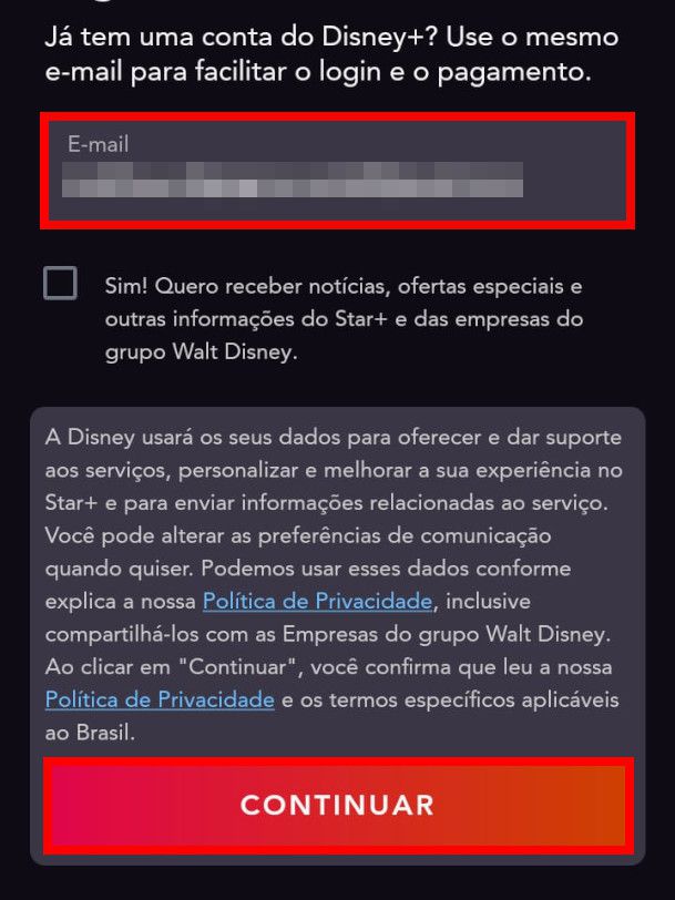 Insira um e-mail, toque em "Cotninuar" e finalize a criação da sua conta (Captura de tela: Matheus Bigogno)