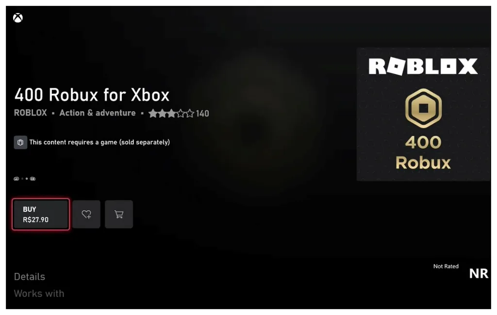 Compre Robux diretamente na loja do XBox (Captura de tela: Rodrigo Folter)