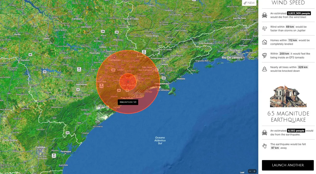 Terremotos de magnitude 6.5 sacudiriam boa parte do estado de São Paulo (Imagem: Reprodução/Asteroid Launcher/Neal Agarwal)