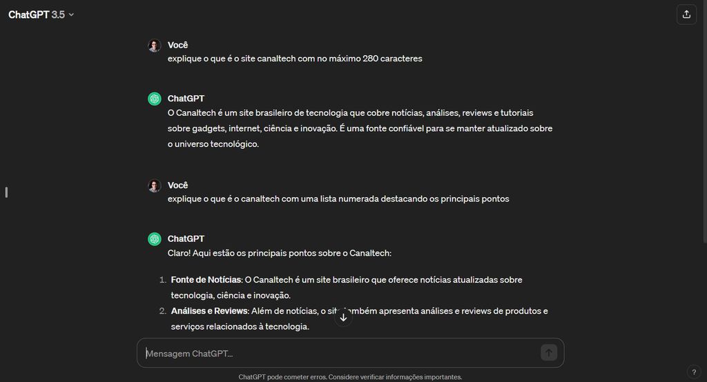 Explore diferentes formatos de resposta do ChatGPT (Imagem: Captura de tela/André Magalhães/Canaltech)