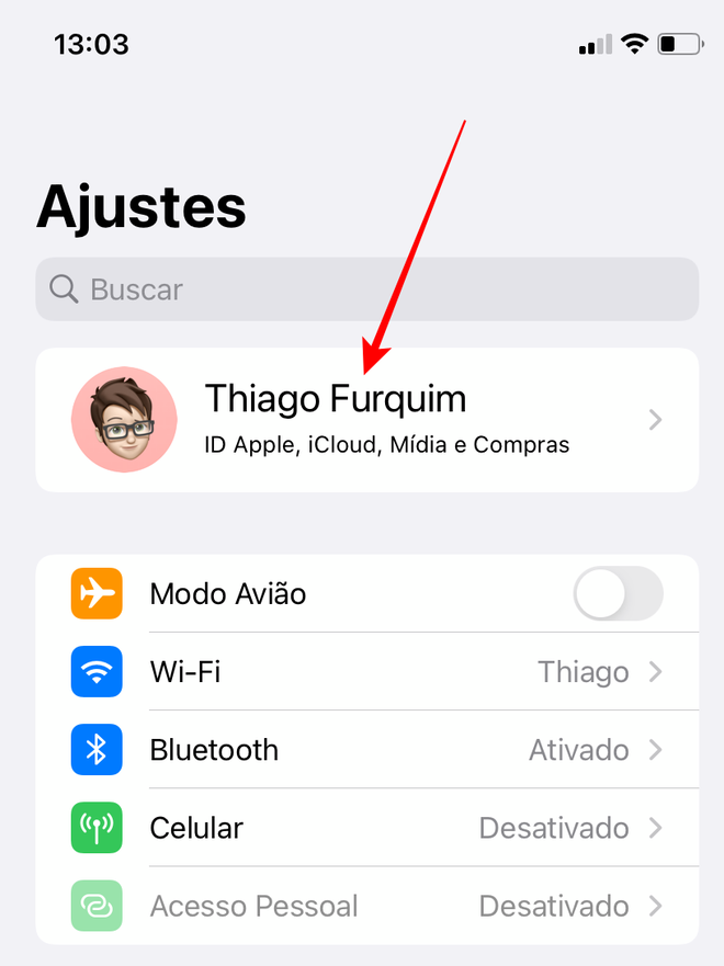 Acesse o menu de configurações do seu ID Apple - Captura de tela: Thiago Furquim (Canaltech)