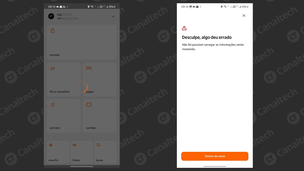 App Itaú apresenta erro ao acessar a conta e outras áreas do app (Imagem: Captura de tela/Murilo Tunholi/Canaltech)