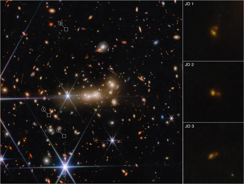 Lente gravitacional formada pelo aglomerado de galáxias MACS0647 (Imagem: Reprodução/NASA, ESA, CSA, STScI, Tiger Hsiao, Alyssa Pagan (STScI)