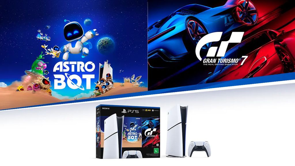 Além de estar no precinho, essa versão do PS5 inclui o Bundle Astro Bot e Gran Turismo 7 (Imagem: Divulgação/Sony)