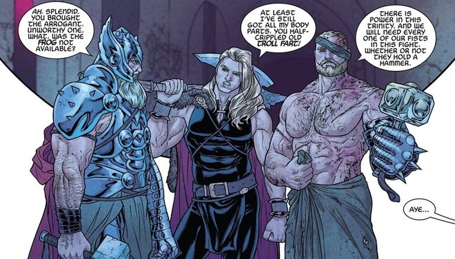 O rei Velho Thor ao lado do Jovem Thor e do Odison em sua fase atual (Imagem: Reprodução/Marvel Comics)