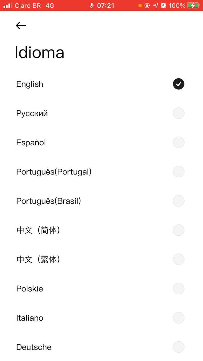 Opções de idiomas da Mi Band 6 no app Mi Fit (Imagem: Gustavo De Lima Inacio/Captura de tela)
