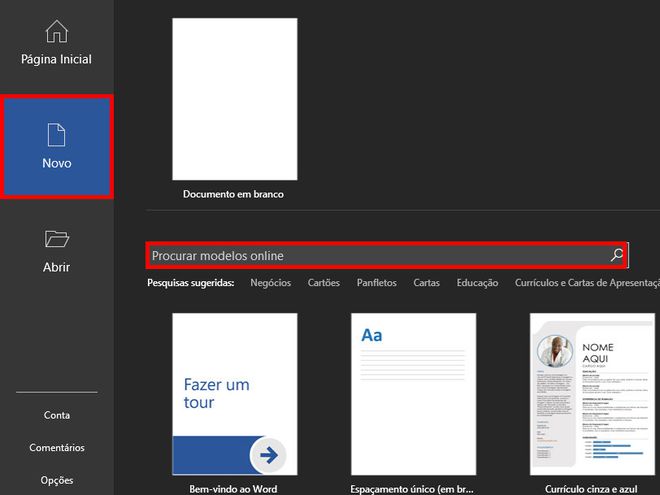 Abra o Microsoft Word e procure por "Cartão de visita" no campo indicado (Captura de tela: Matheus Bigogno)